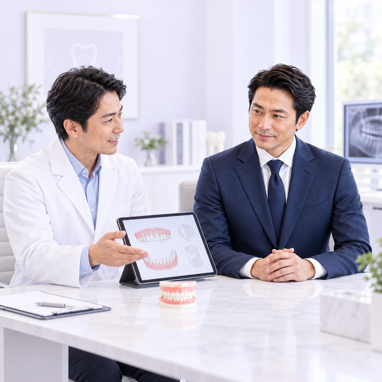 歯科医師と治療計画について相談するスーツ姿の男性のイメージ